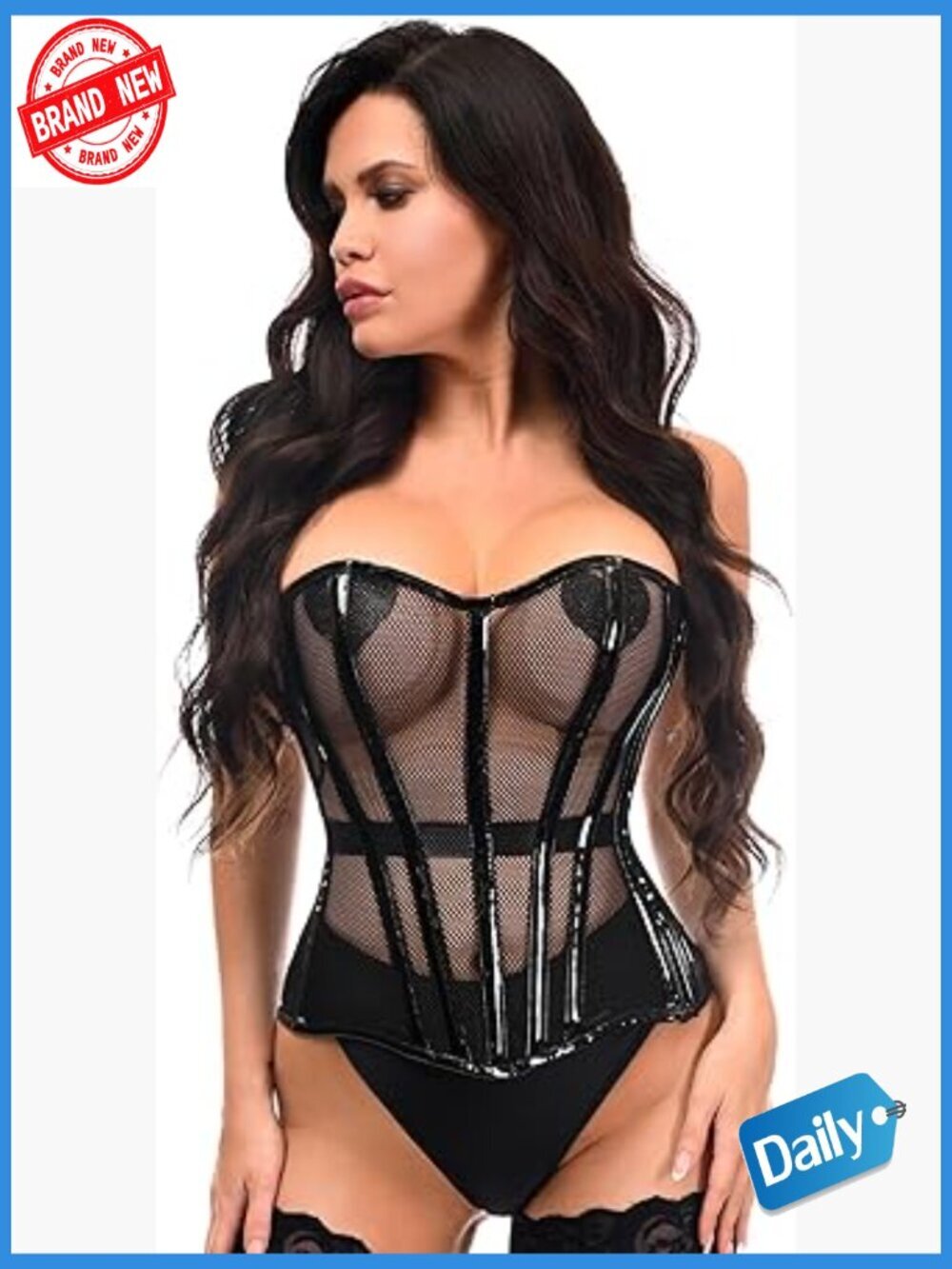 Steel Boned Overbust Corset Fishnet Patent Lace Up Side Zip